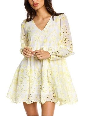 Sail to Sable White Yellow Eyelet Mini Dress Embroidered Cotton Medium